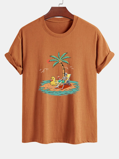 Regular Fit Cotton T-Shirt with Skeleton Vacation Print