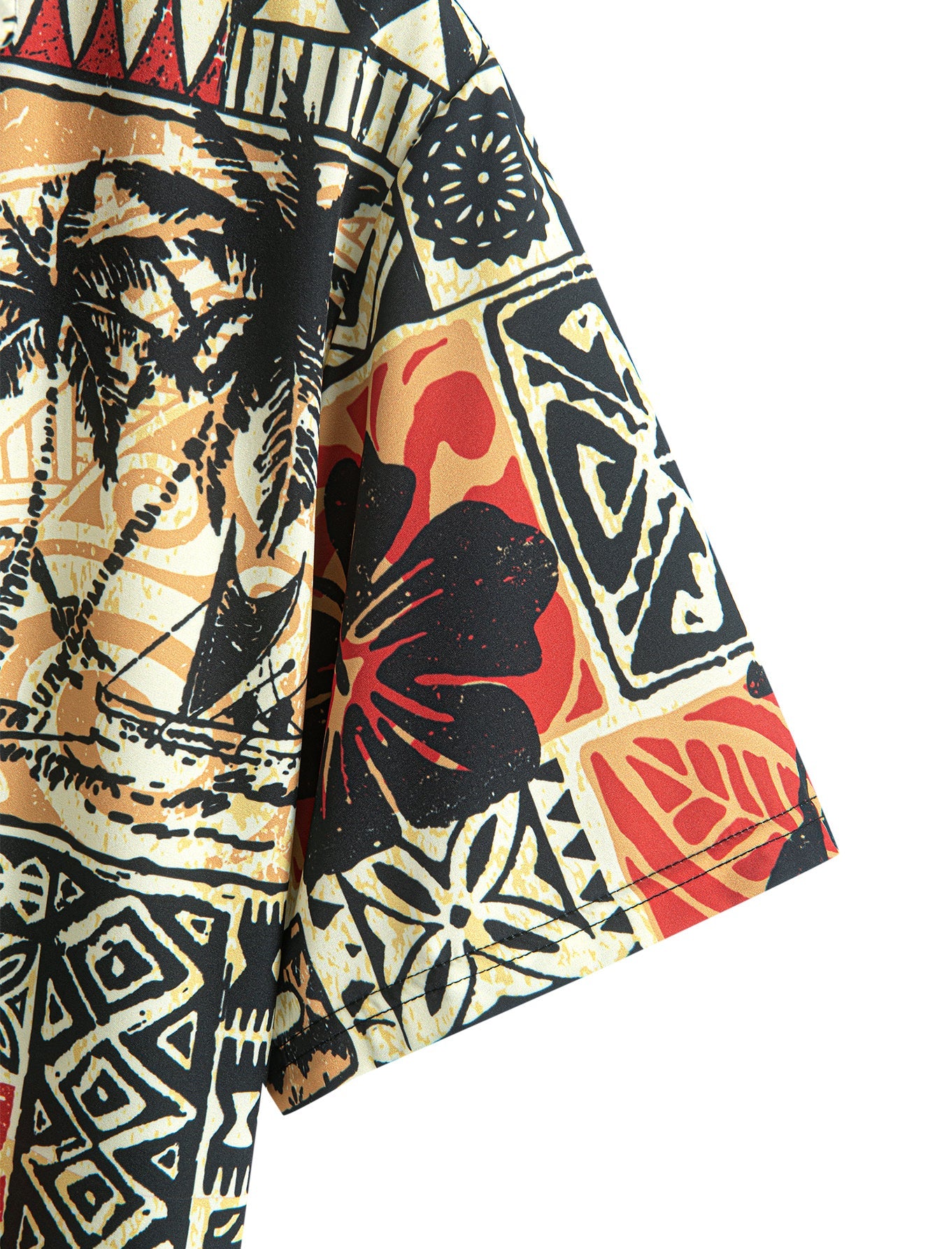 Button-Up Shirt with Palm Tree and Turtle Ethnic Geometric Print