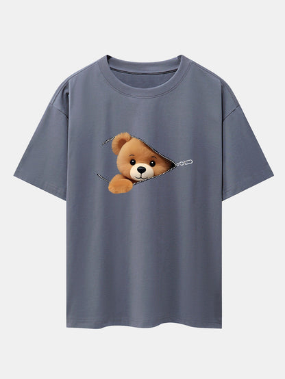 Oversized Drop Shoulder T-Shirt with Zipper Bear Print