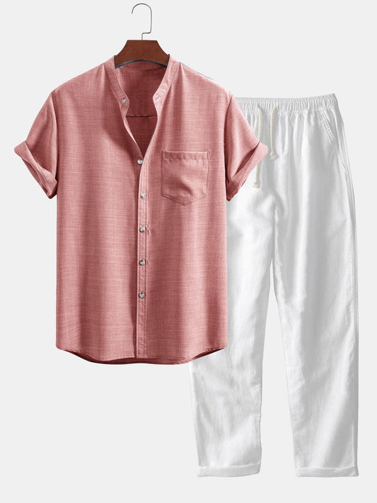 Short Sleeve Stand Collar Top & Straight Leg Linen Trousers