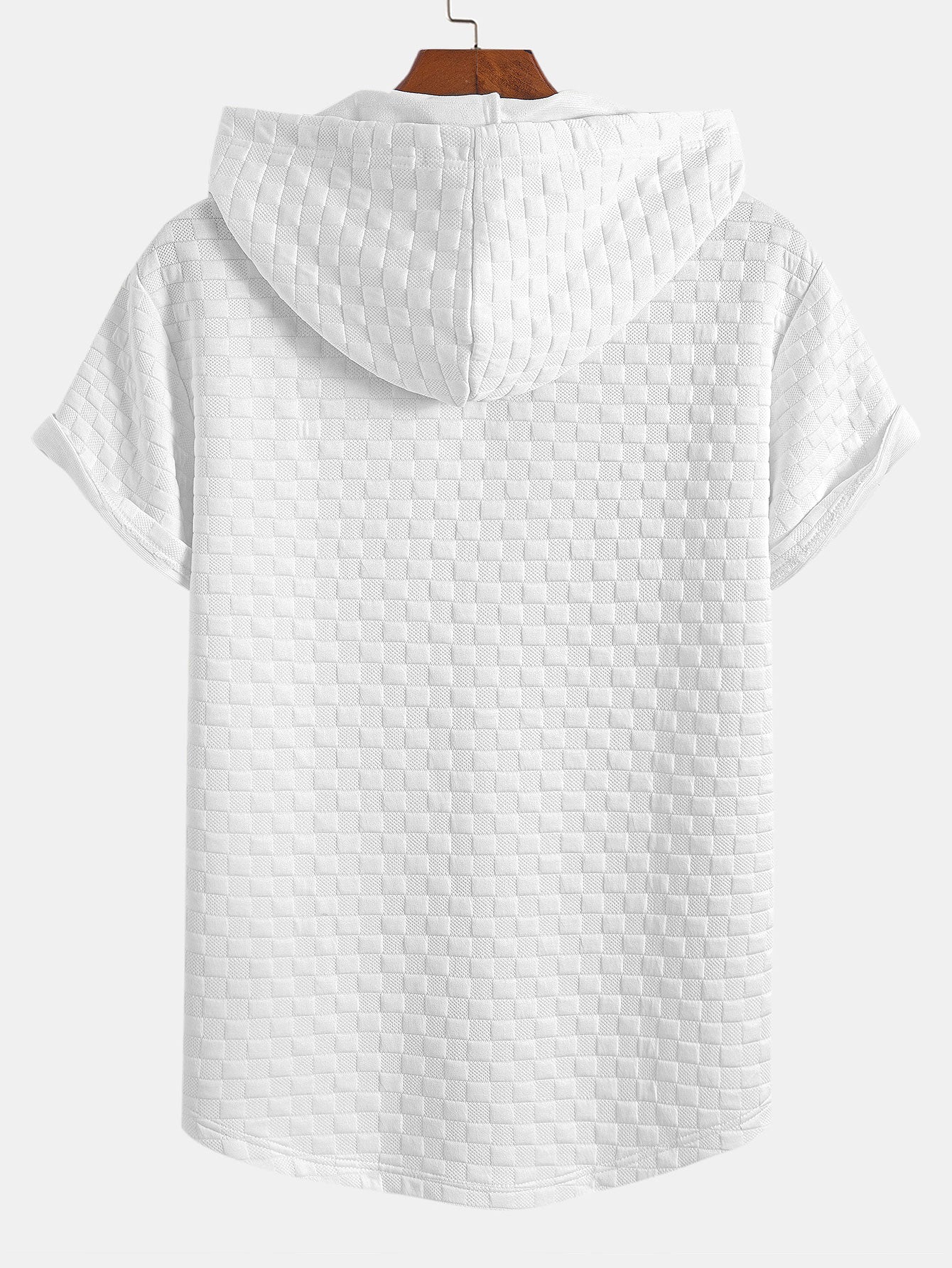 Checkerboard Jacquard Hooded T-Shirt with Arc Hem