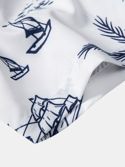 Button-Up Shirt with Island Sailing Print
