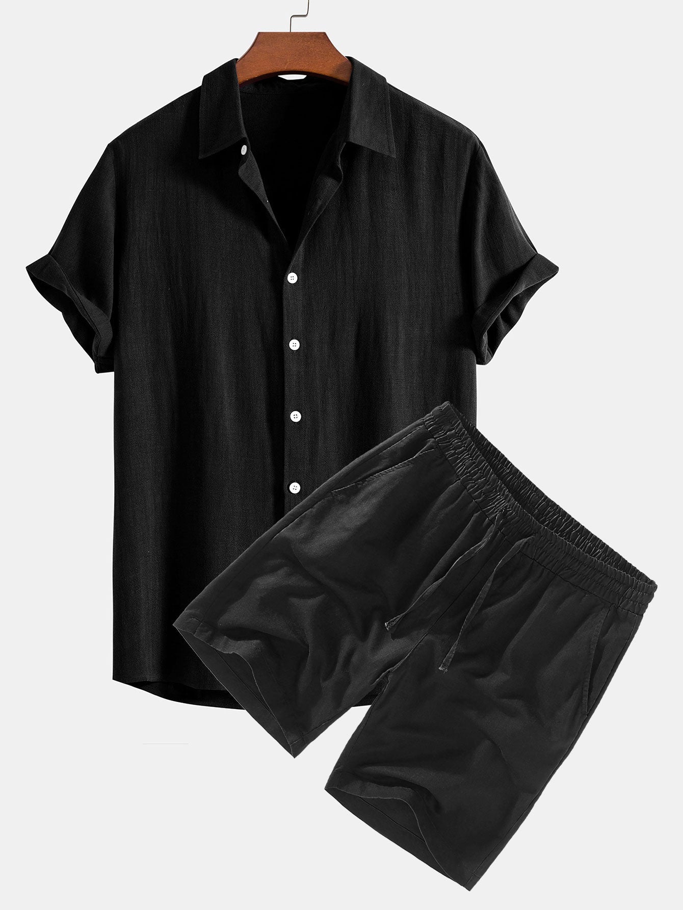 Button-Up Shirt and Drawstring Shorts Set in Linen-Rayon Blend