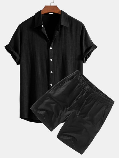 Button-Up Shirt and Drawstring Shorts Set in Linen-Rayon Blend