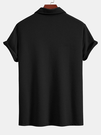 V-Neck Ribbed Polo with Short Sleeves & Drawstring Ribbed Shorts