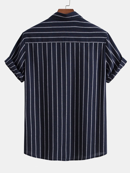 Striped Button-Up Shirt in Cotton Blend with Linen Drawstring Shorts
