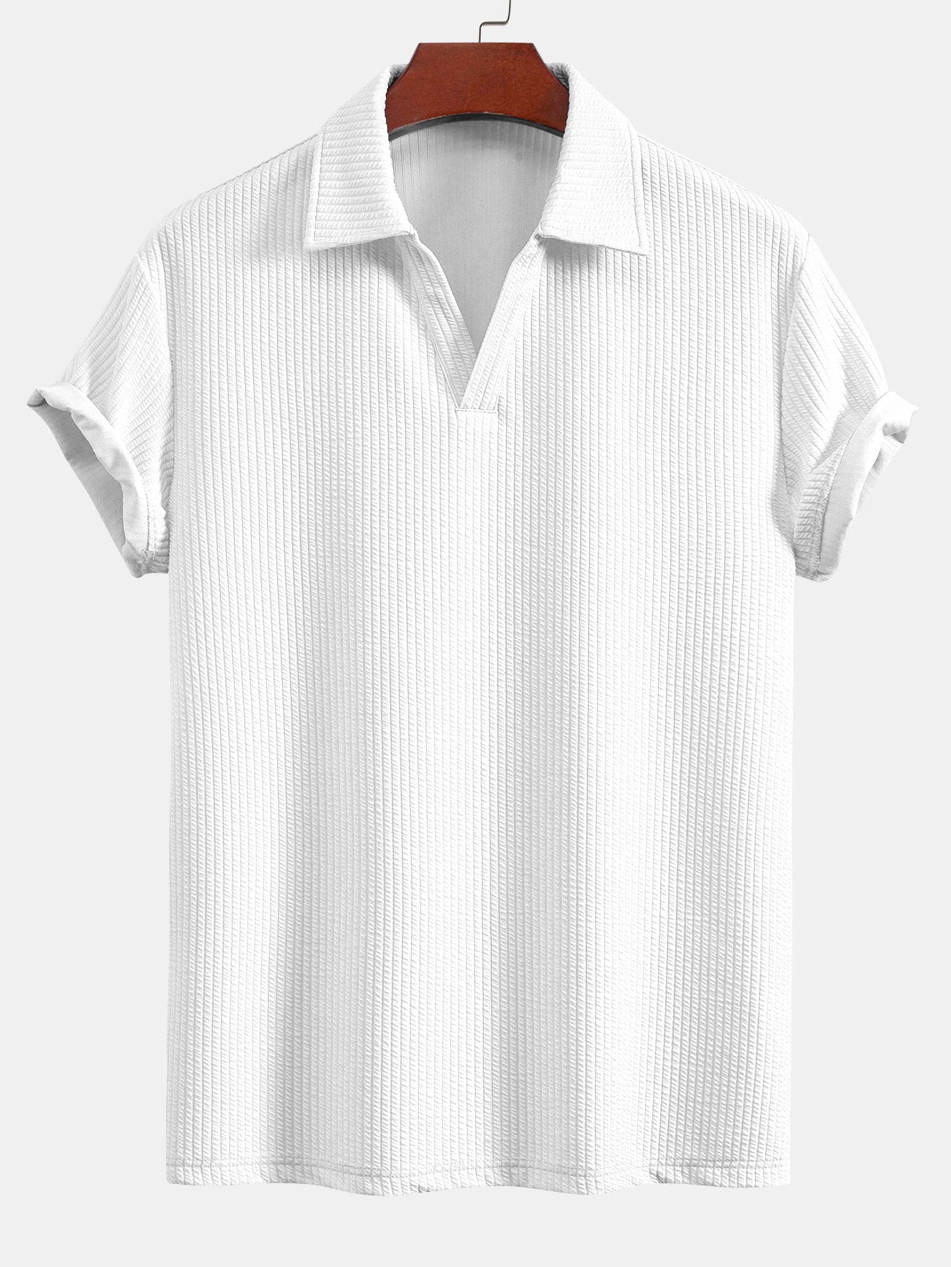 V-Neck Ribbed Polo with Short Sleeves & Straight Leg Ribbed Trousers