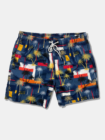 Classic Fit Cotton T-Shirt with Palm Tree Print & Color Block Palm Tree Swim Shorts