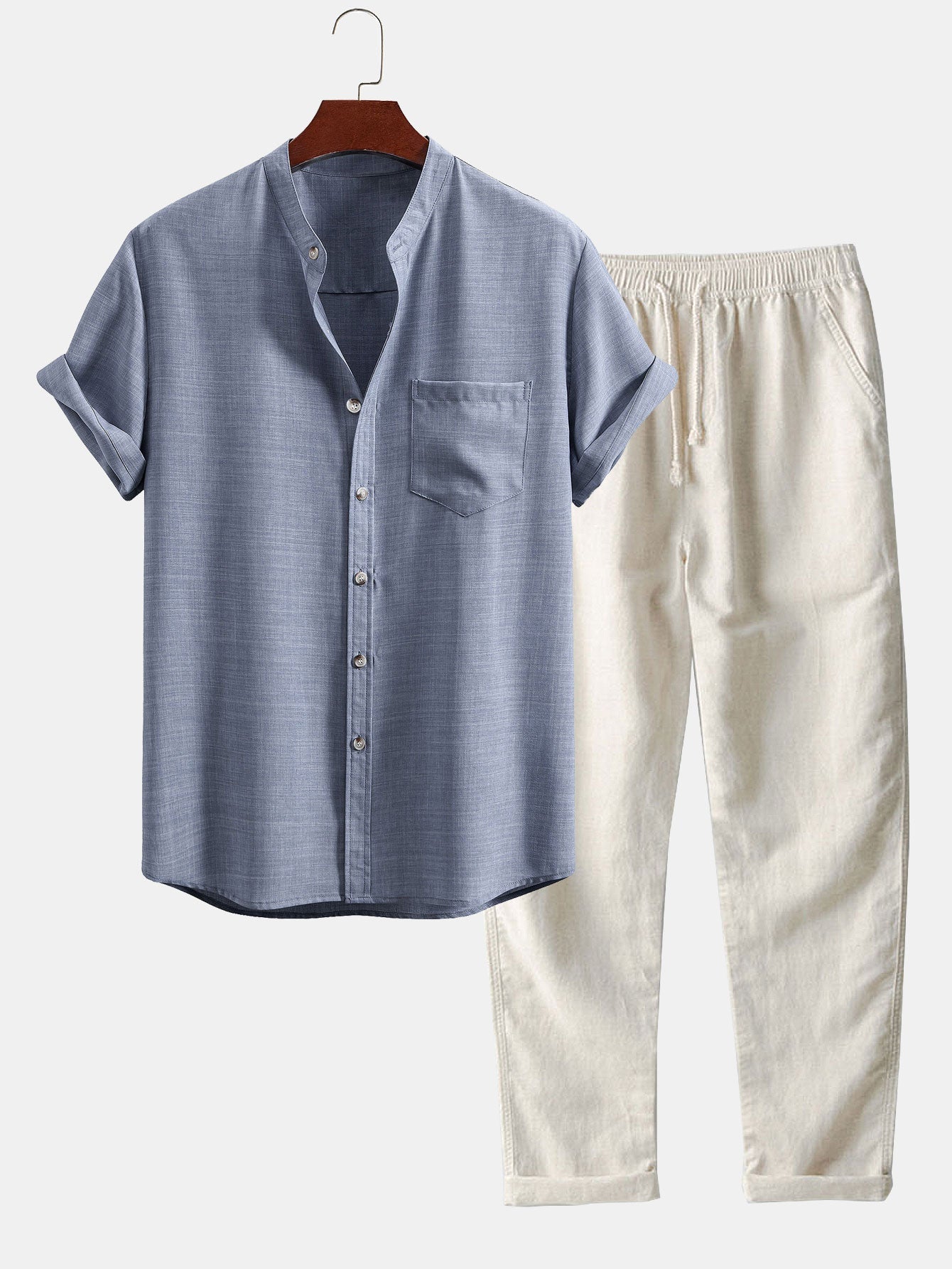 Short Sleeve Stand Collar Top with Straight-Leg Linen Trousers