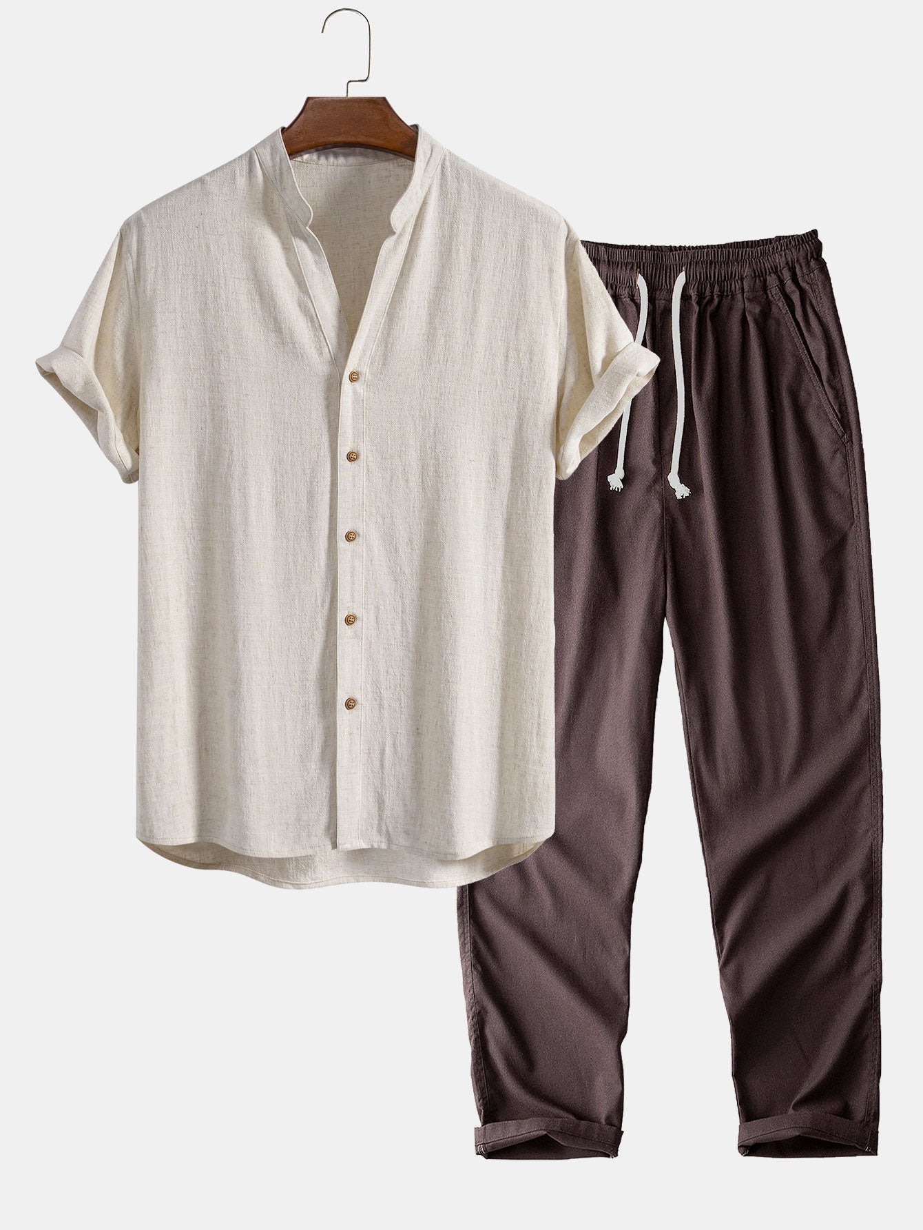 V-Neck Linen-Rayon Blend Top with Straight-Leg Linen Trousers
