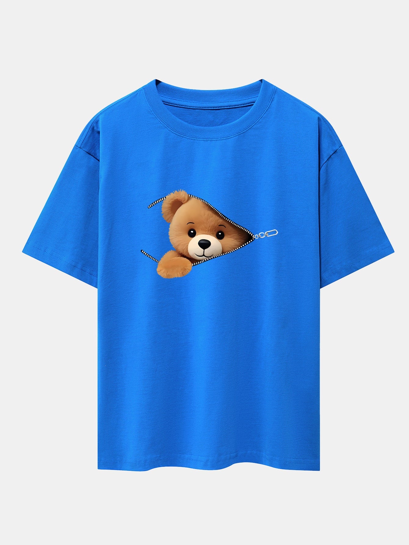 Oversized Drop Shoulder T-Shirt with Zipper Bear Print