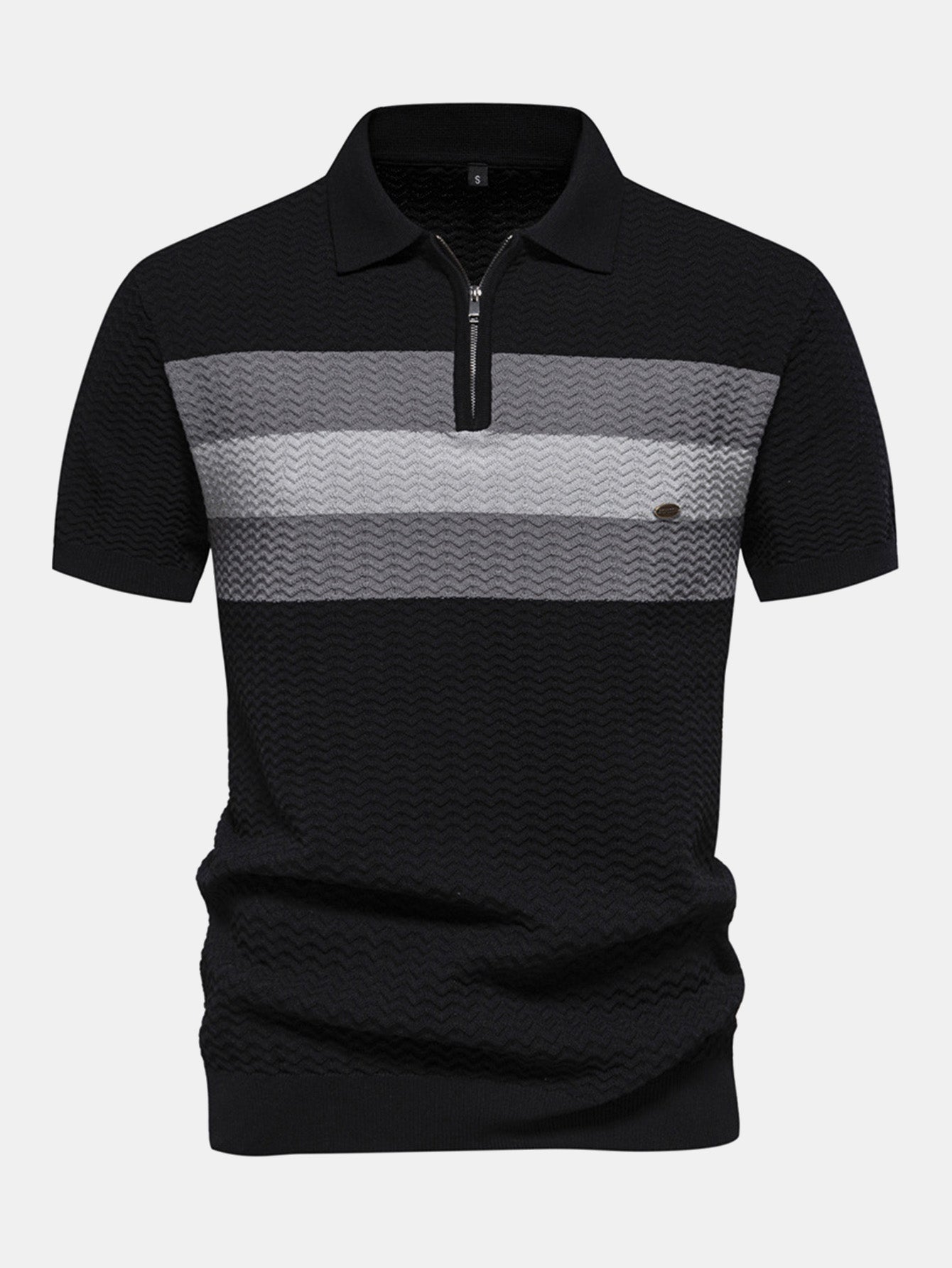 Textured Jacquard Knit Zip-Up Polo with Contrast Details