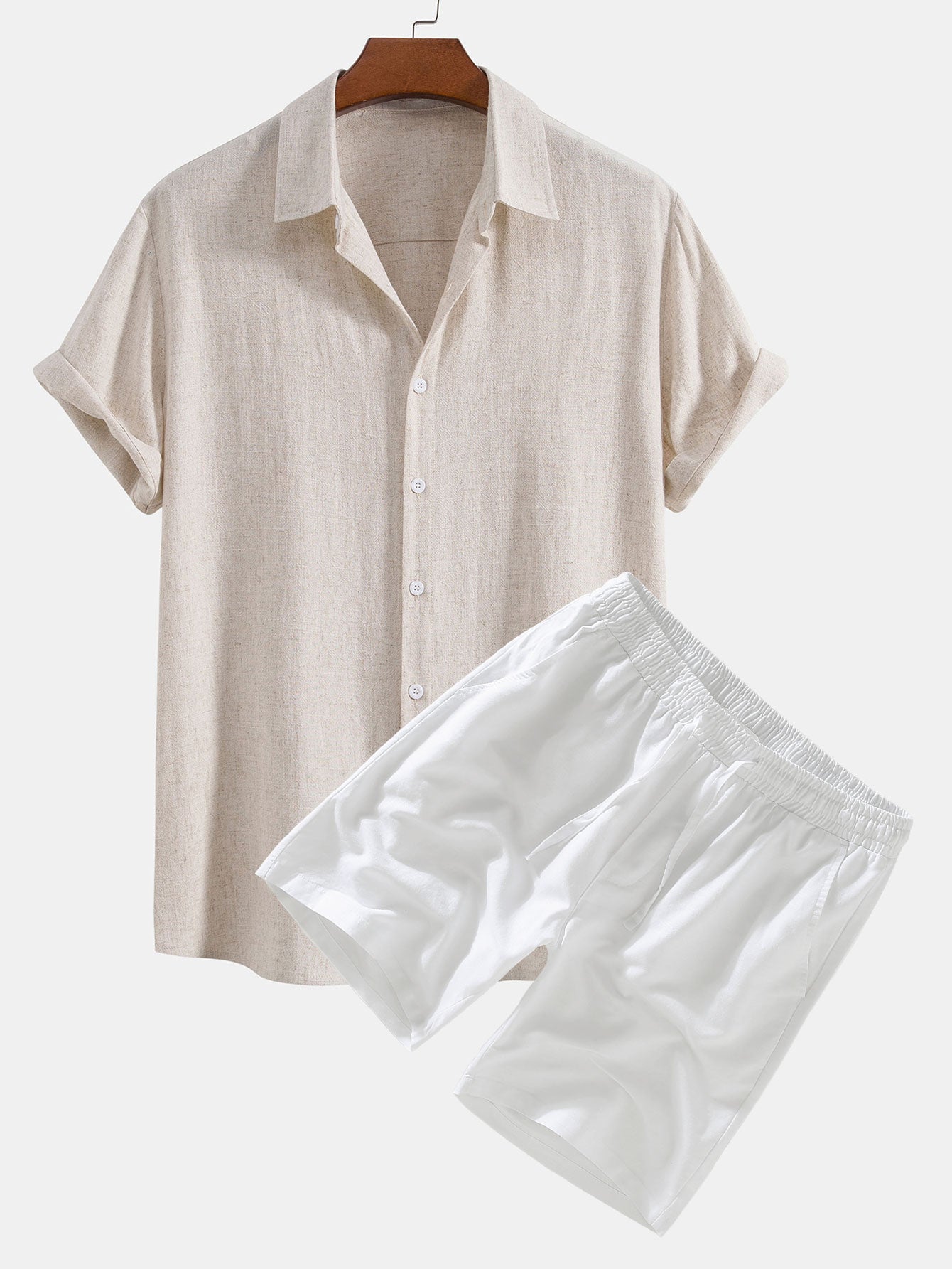 Button-Up Shirt and Drawstring Shorts Set in Linen-Rayon Blend