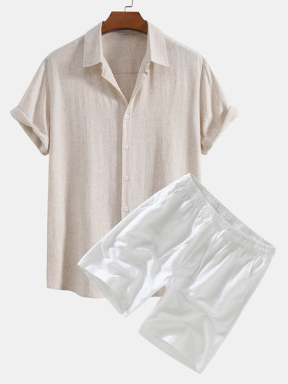 Button-Up Shirt and Drawstring Shorts Set in Linen-Rayon Blend