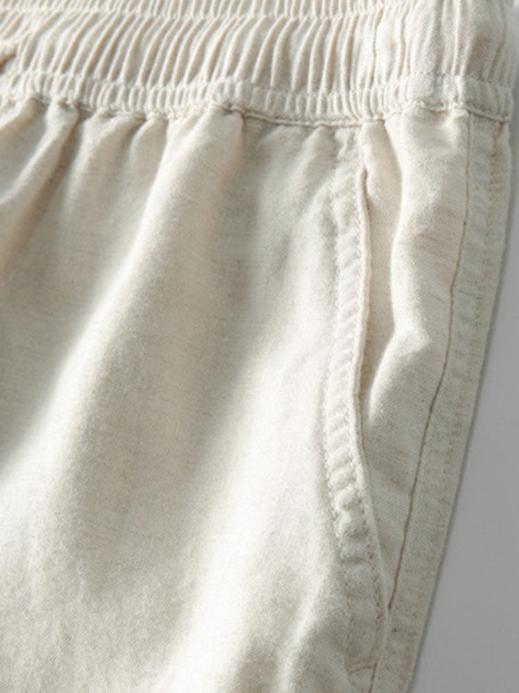 V-Neck Linen-Rayon Blend Top with Straight-Leg Linen Trousers
