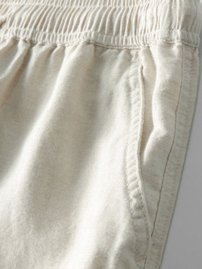 V-Neck Linen-Rayon Blend Top with Straight-Leg Linen Trousers