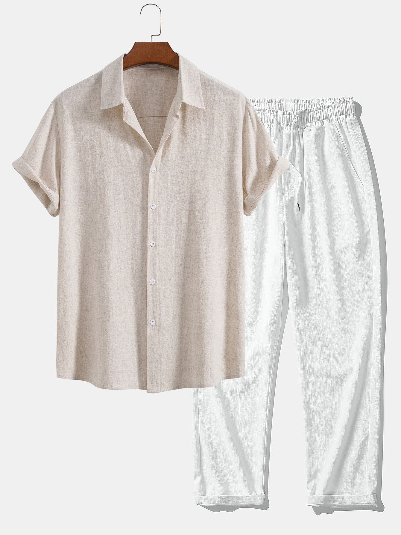 Linen-Rayon Blend Button-Up Shirt with Wrinkle-Textured Straight Leg Pants