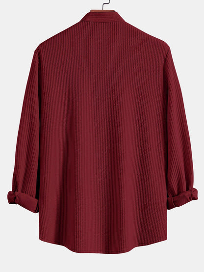 Ribbed Stand Collar Shirt with Long Sleeve and Muscle Fit