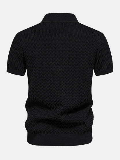 Textured Jacquard Knit Zip-Up Polo with Contrast Details