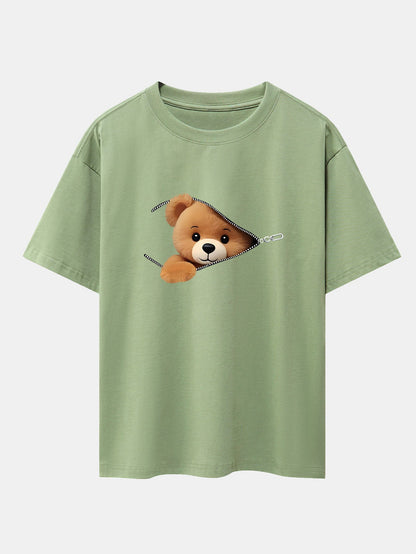Oversized Drop Shoulder T-Shirt with Zipper Bear Print