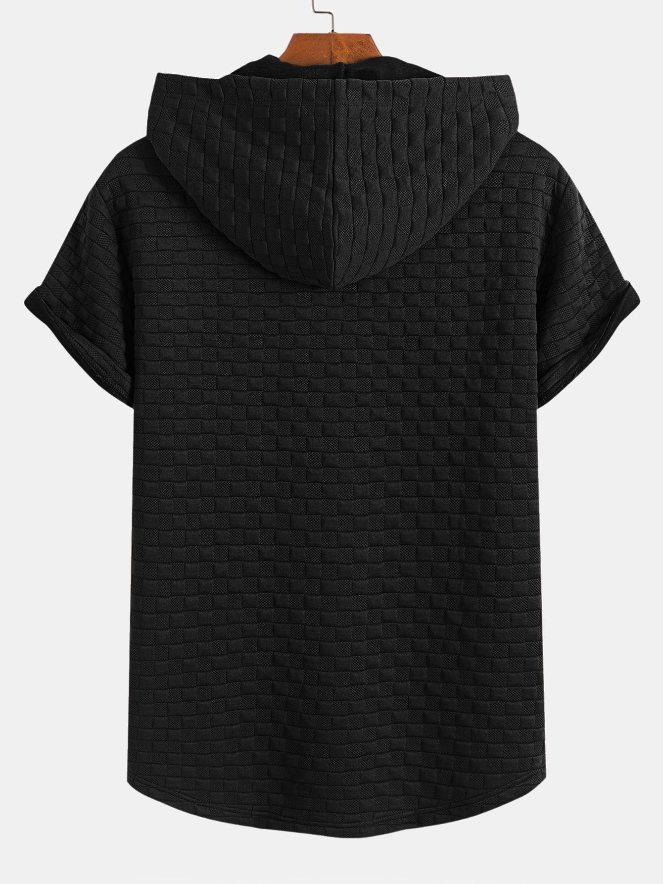 Checkerboard Jacquard Hooded T-Shirt with Arc Hem