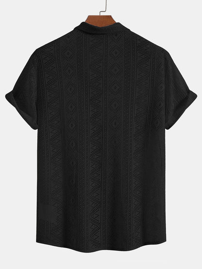 Short Sleeve Textured Cuban Shirt with Geometric Design