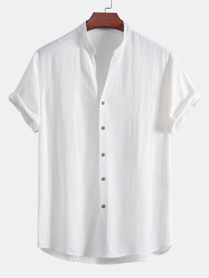 V-Neck Linen-Rayon Blend Top with Straight-Leg Linen Trousers