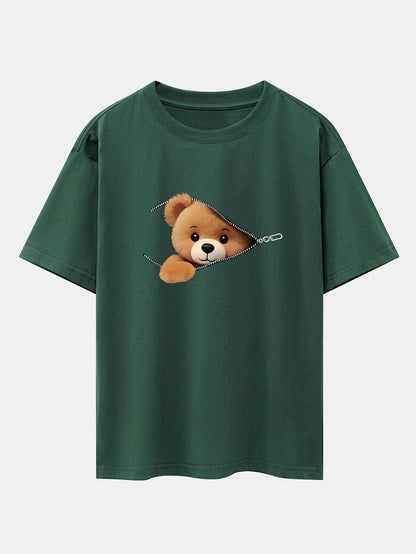 Oversized Drop Shoulder T-Shirt with Zipper Bear Print