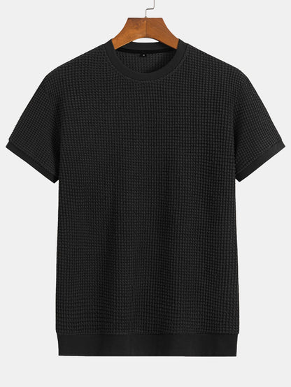 Short Sleeve Waffle Knit T-Shirt with Ribbed Hem