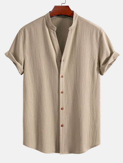 Textured V-Neck Shirt & Straight Leg Pants with Wrinkle Finish