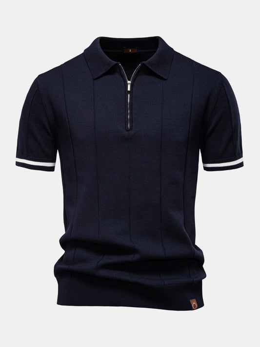 Zipper Knit Polo Shirt with Contrast Trim