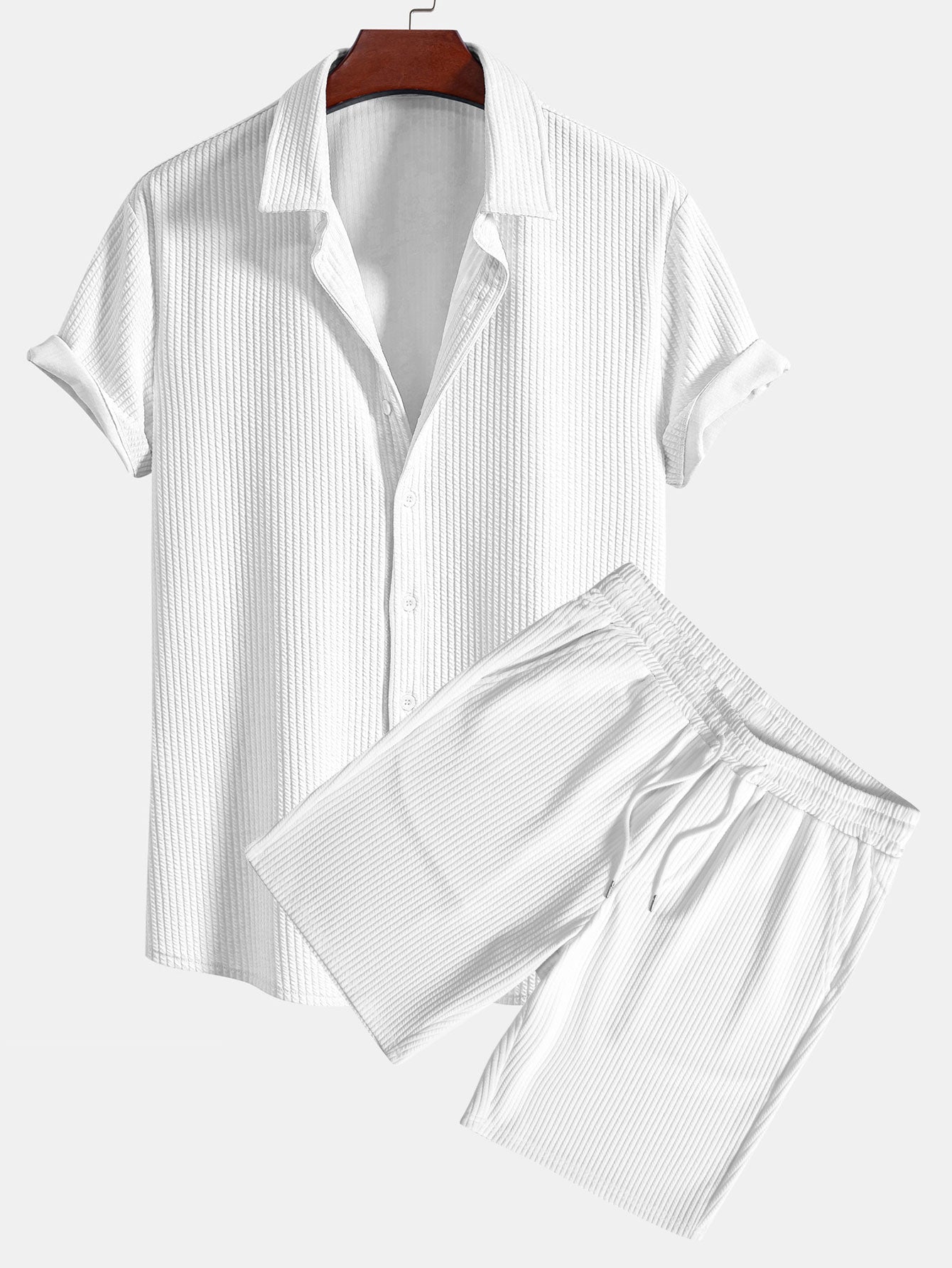 Ribbed Button-Up Shirt and Shorts Set in Muscle Fit