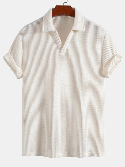V-Neck Polo with Short Sleeves and Waffle Texture