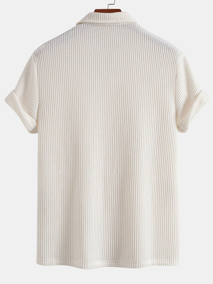 Short Sleeve Waffle V-Neck Polo with Matching Drawstring Knitted Waffle Shorts