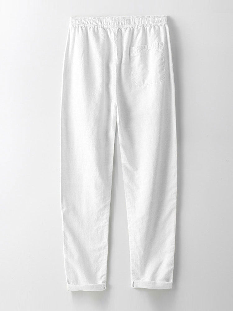 Short Sleeve Stand Collar Top & Straight Leg Linen Trousers