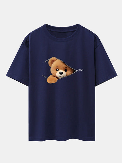 Oversized Drop Shoulder T-Shirt with Zipper Bear Print