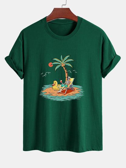 Regular Fit Cotton T-Shirt with Skeleton Vacation Print