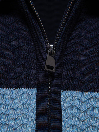 Textured Jacquard Knit Zip-Up Polo with Contrast Details