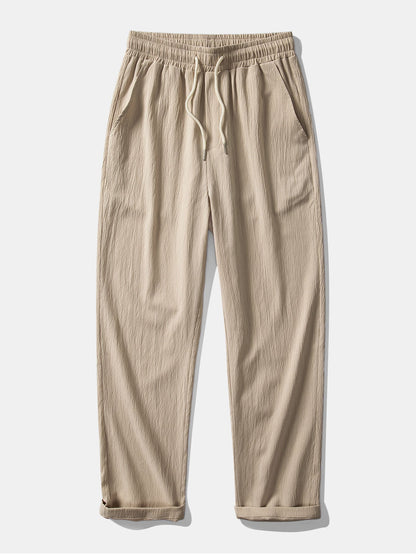 Linen-Rayon Blend Button-Up Shirt with Wrinkle-Textured Straight Leg Pants