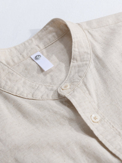 Long Sleeve Stand Collar Shirt in Linen-Cotton Blend with Pocket