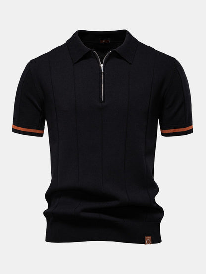 Zipper Knit Polo Shirt with Contrast Trim