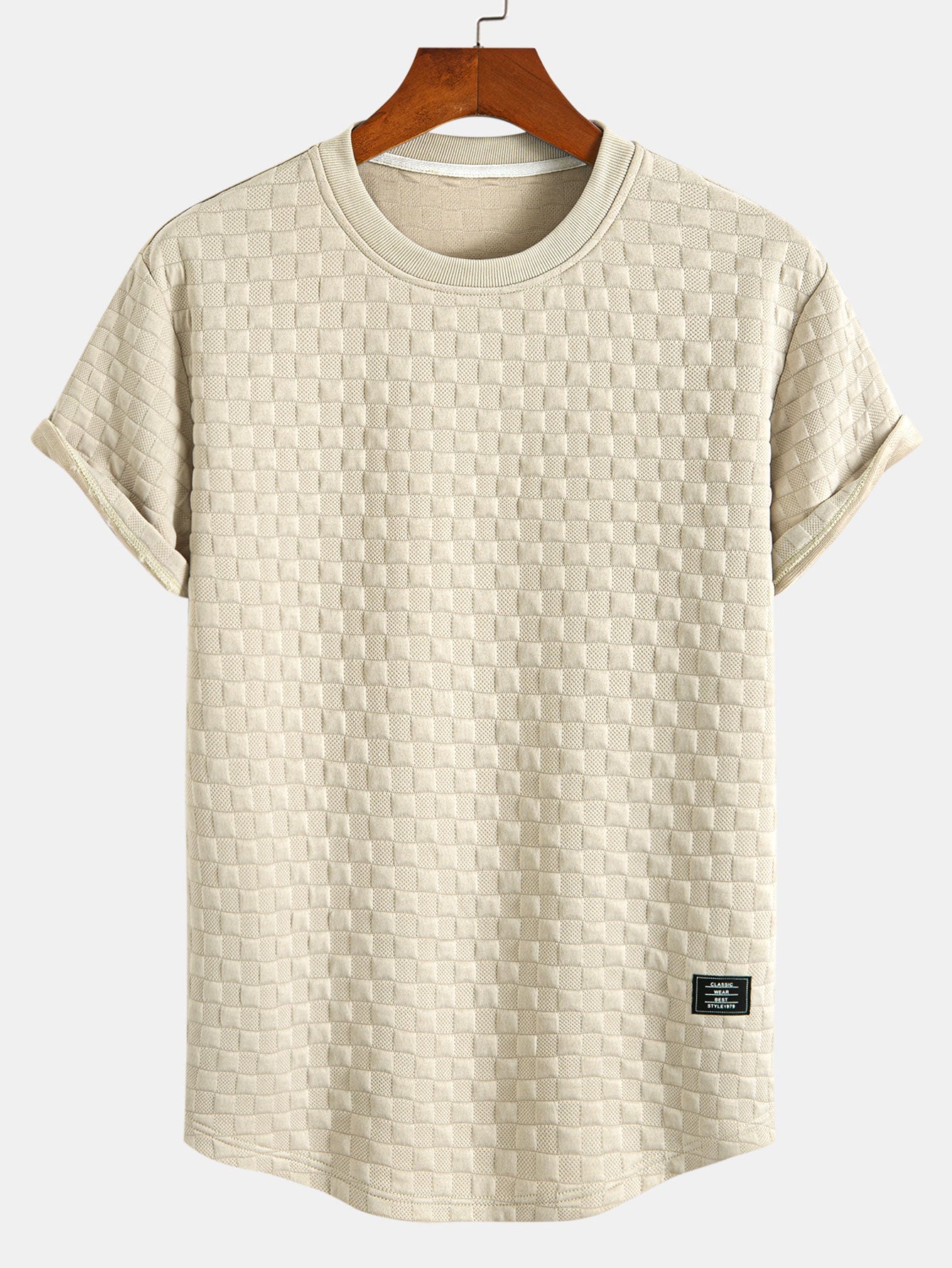Checkerboard Jacquard Curved Hem T-Shirt