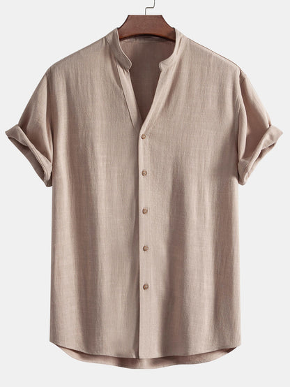 V-Neck Linen-Rayon Blend Top with Straight-Leg Linen Trousers