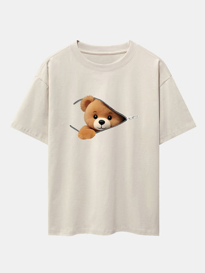 Oversized Drop Shoulder T-Shirt with Zipper Bear Print