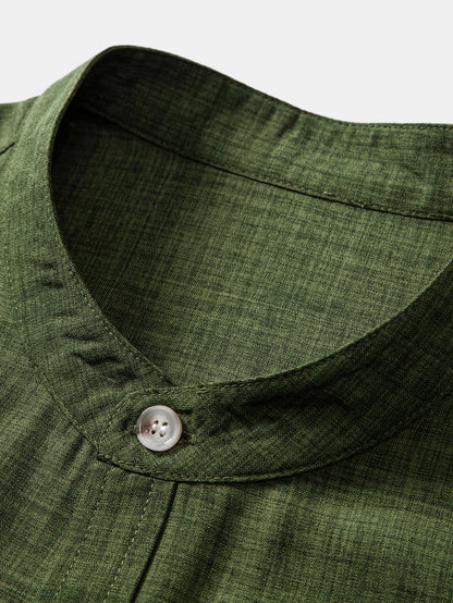 Short Sleeve Stand Collar Top with Straight-Leg Linen Trousers