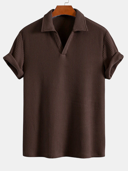 V-Neck Polo with Short Sleeves and Waffle Texture