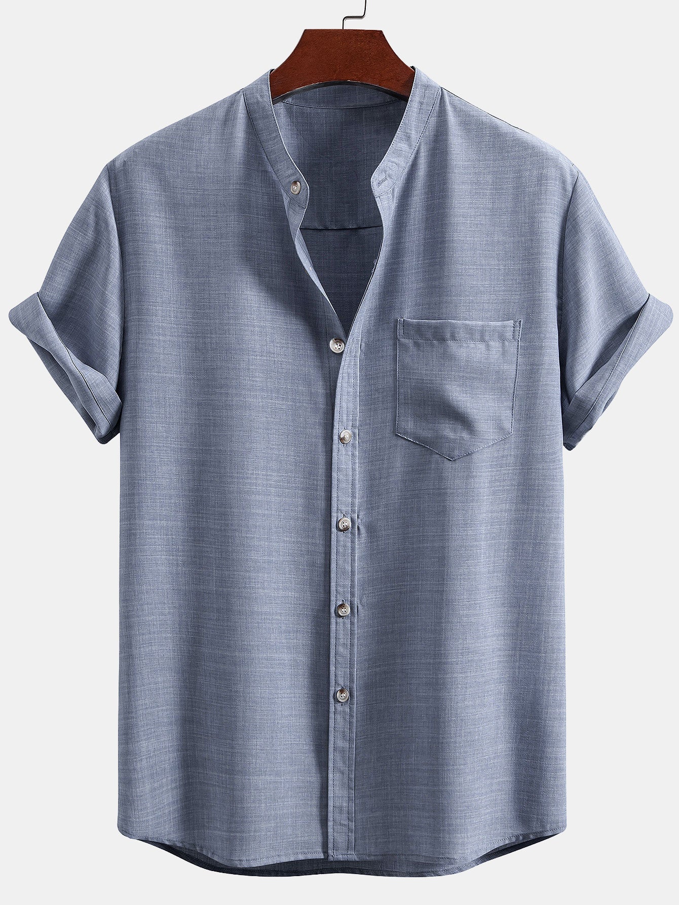 Short Sleeve Stand Collar Top with Straight-Leg Linen Trousers