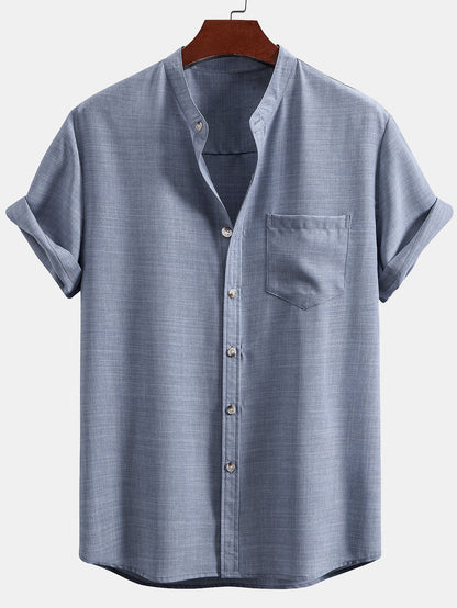 Short Sleeve Stand Collar Top with Straight-Leg Linen Trousers