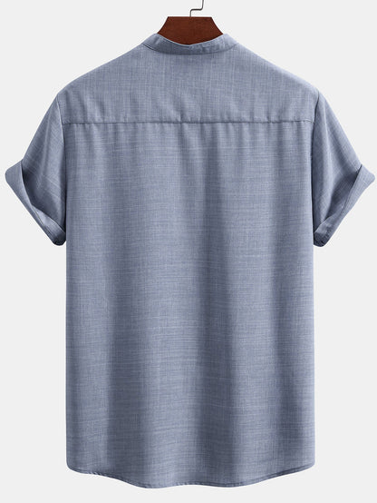 Short Sleeve Stand Collar Top with Straight-Leg Linen Trousers