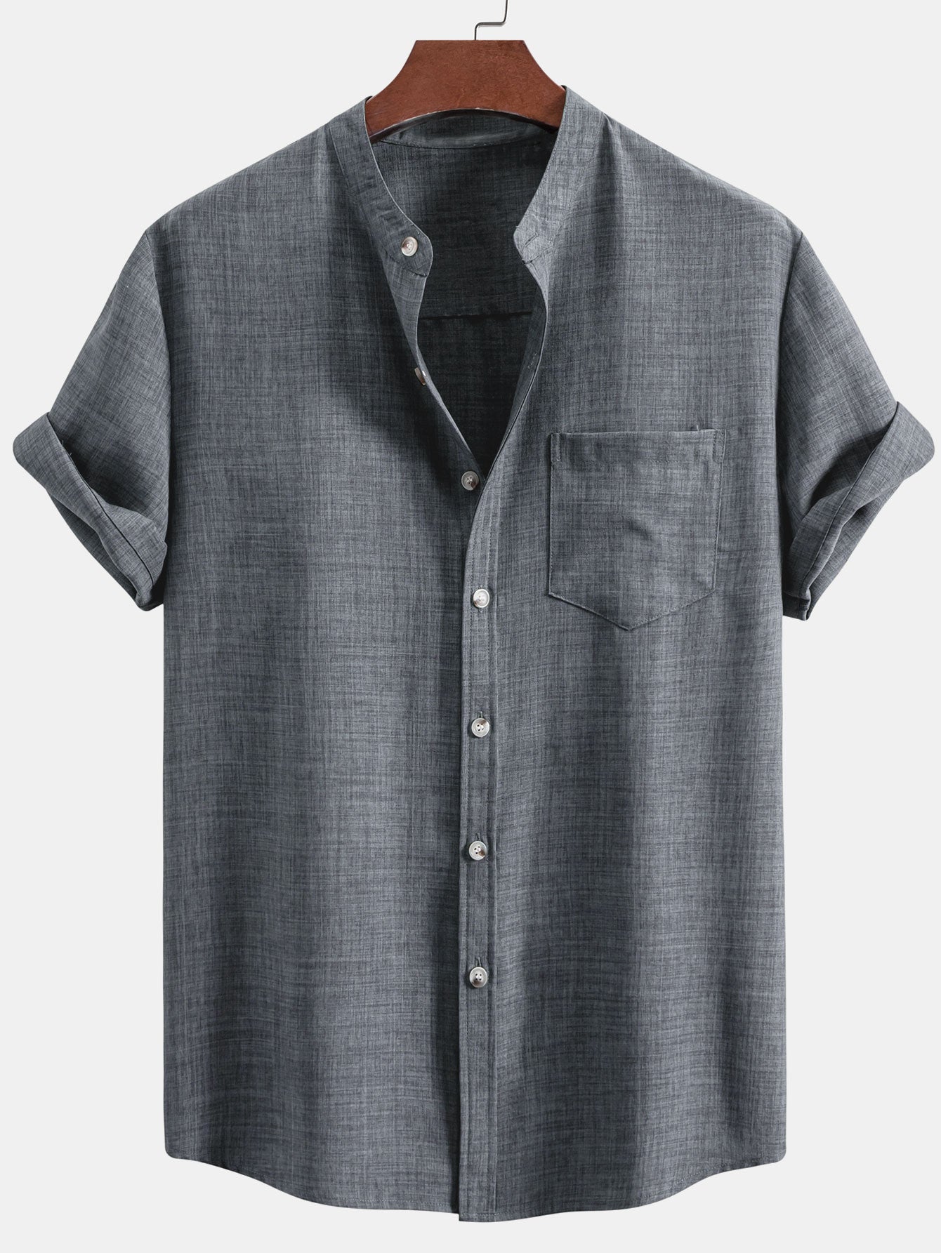 Short Sleeve Stand Collar Top with Straight-Leg Linen Trousers